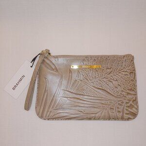 Brahmin Sally Wristlet/Cosmetic Bag Embossed Palm Leaf Print Leather Taupe NWT